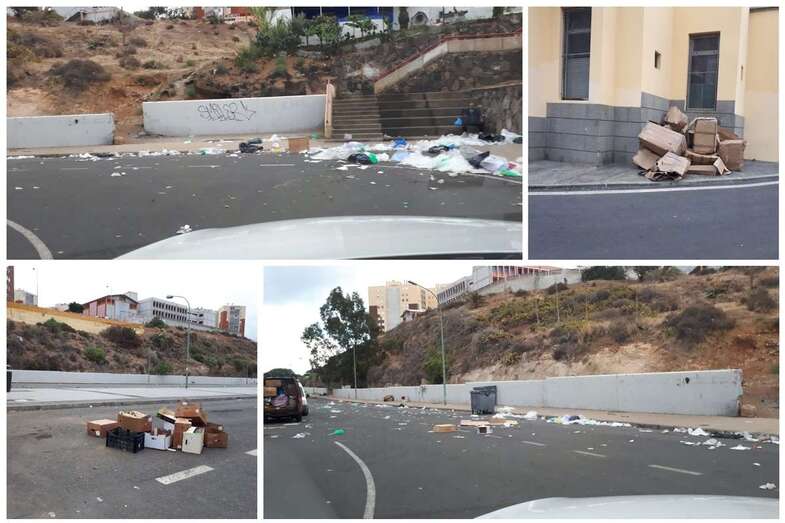 Cajas, bolsas de plástico y residuos de todo tipo tras el mercadillo dominical en Jinámar (Foto TA)